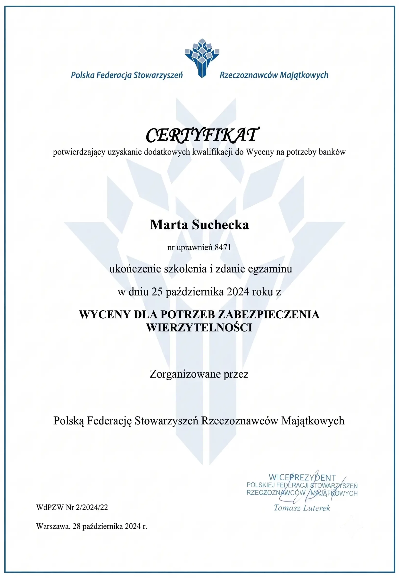 [Marta Suchecka] rzeczoznawca majątkowy uprawnienia nr 8471, Warszawa