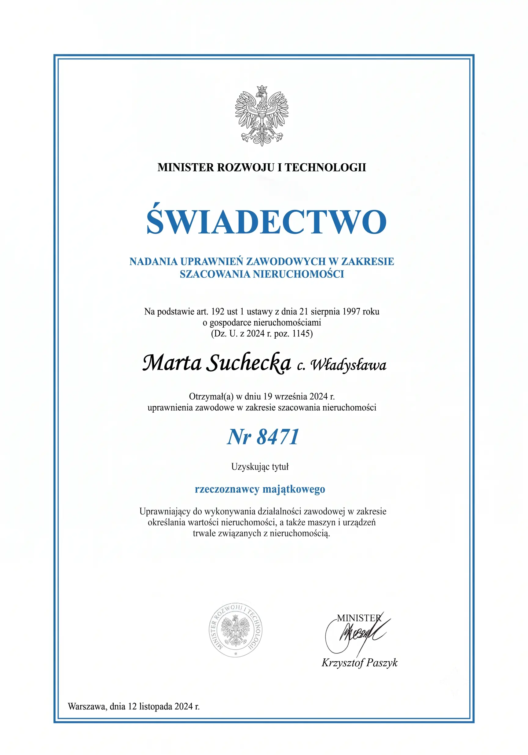 [Marta Suchecka] rzeczoznawca majątkowy uprawnienia nr 8471, Warszawa